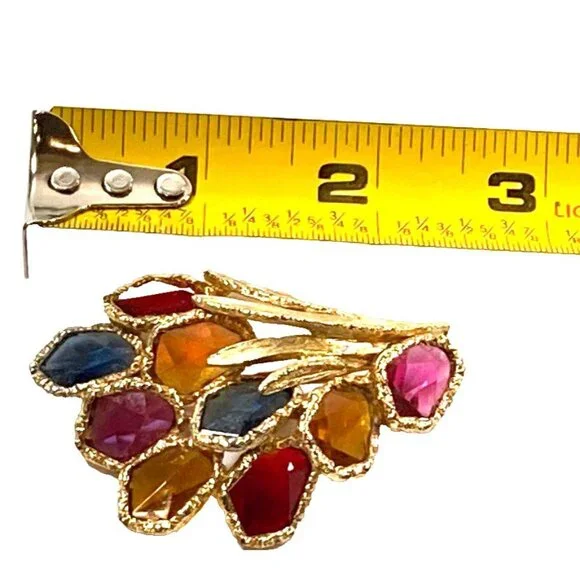 CAPRI Faceted Glass Brooch Bright Gold Tone Modern Multicolor Flower Spray VTG